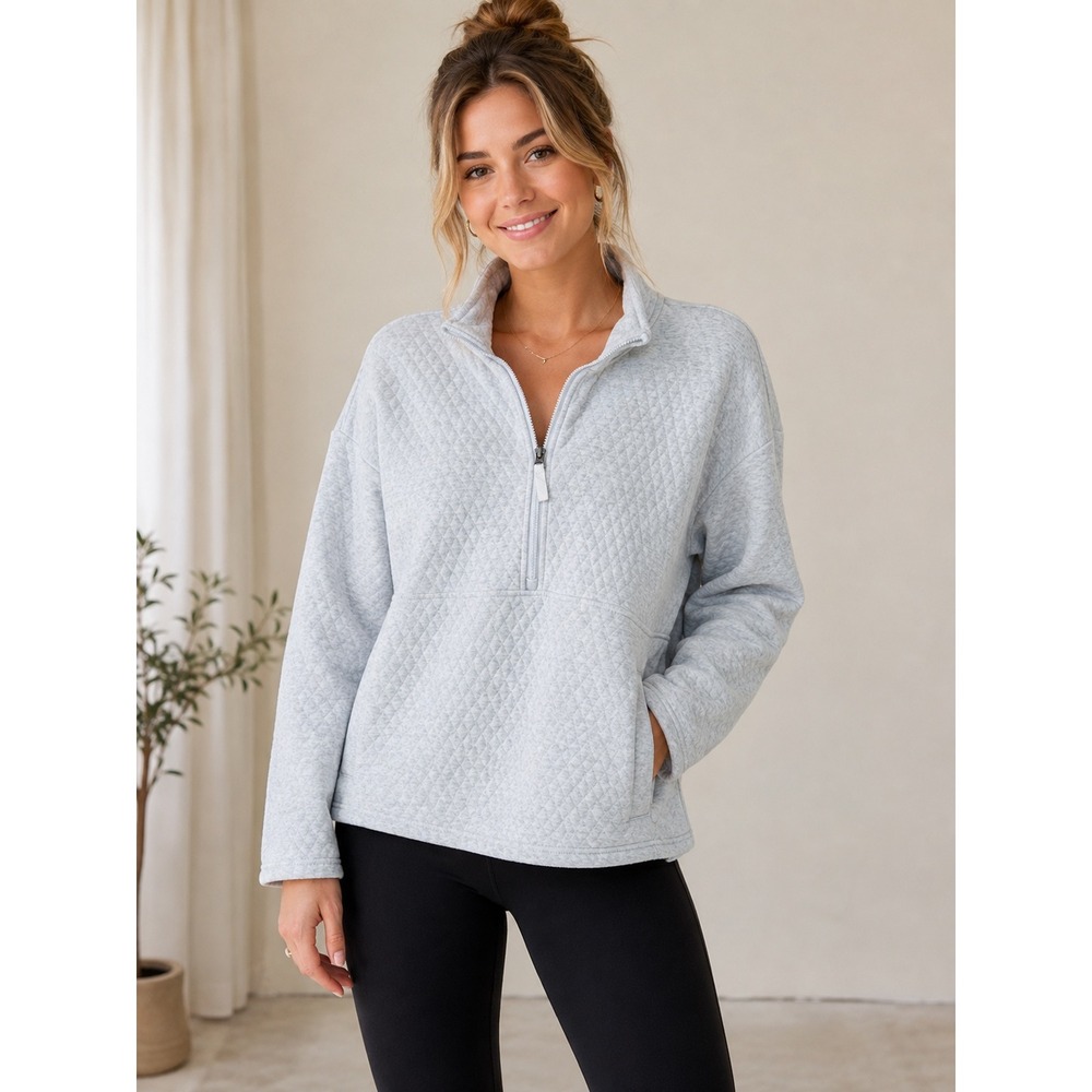 Eddie Bauer Womens XXL Gray Quilted Quarter Zip Pullover Sweatshirt Mock Neck